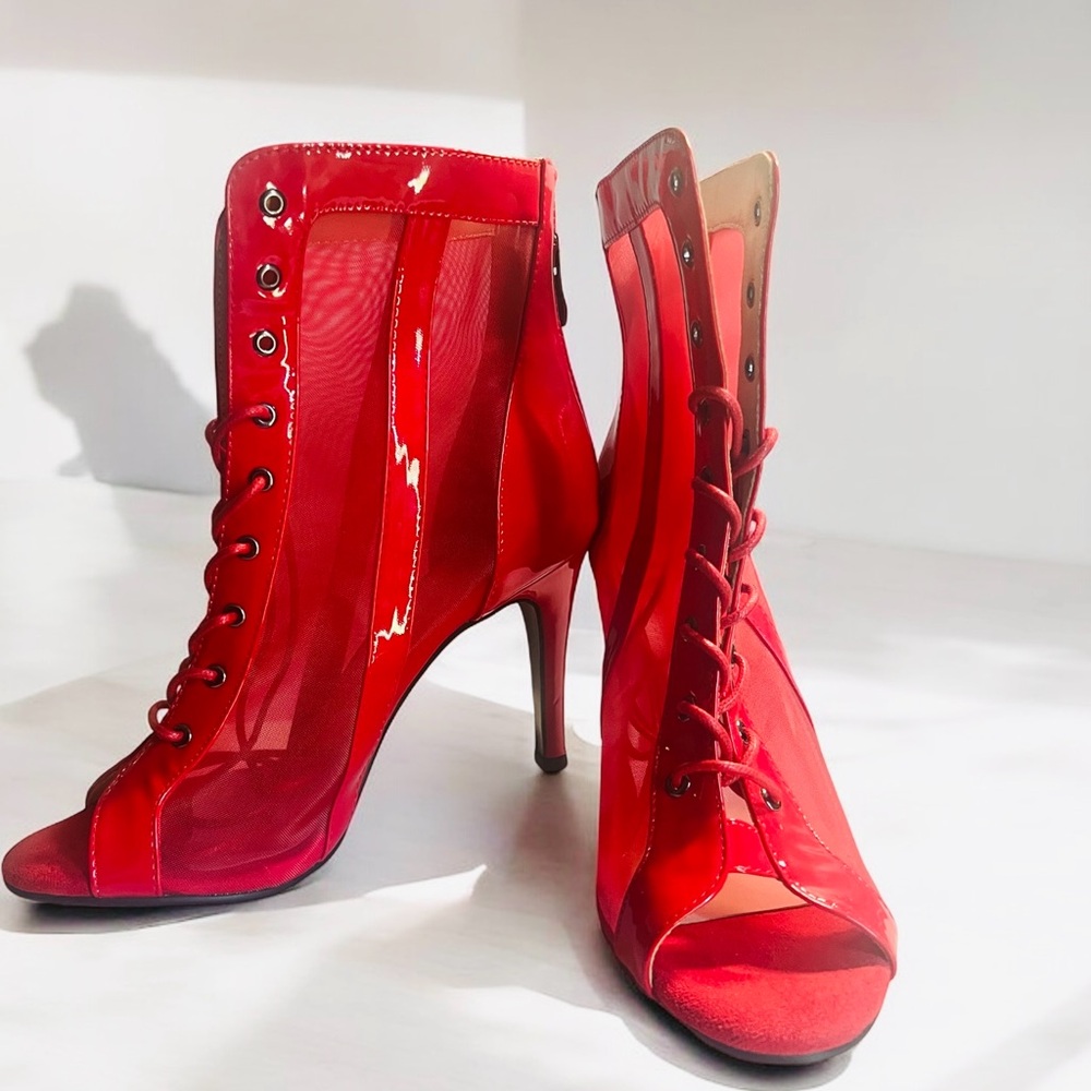 Red Mesh & Patent High Heel Peep Toe Booties